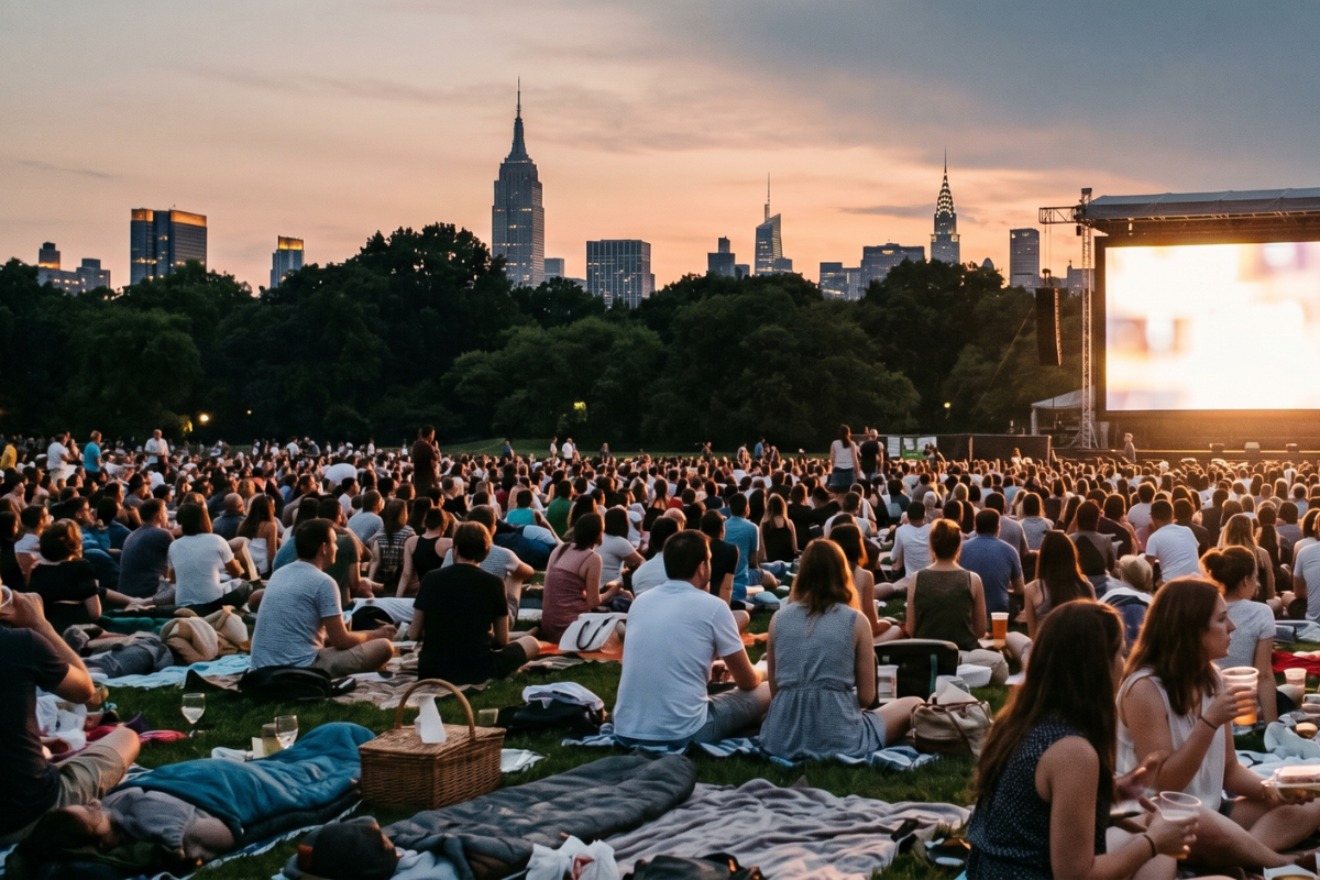 A crowd on the grass in Central Park watching a giant outdoor screen at dusk, Manhattan skyline behind