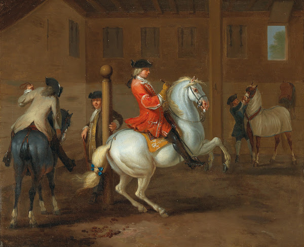 A Cavalier On A Gray Horse In A Riding School