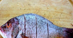 Cá điêu hồng làm sạch ruột, đánh sạch vảy, để nguyên đuôi và vây, rửa muối hạt cho sạch nhớt. Dùng dao khứa 3 đường xéo lên 2 bên thân cá.