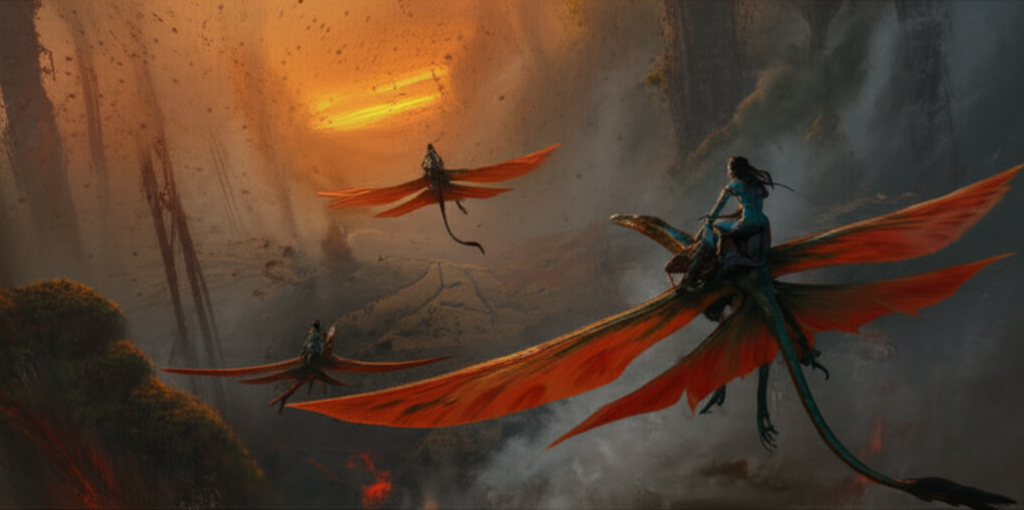 A scene depicting a fiery Pandora from Avatar 3