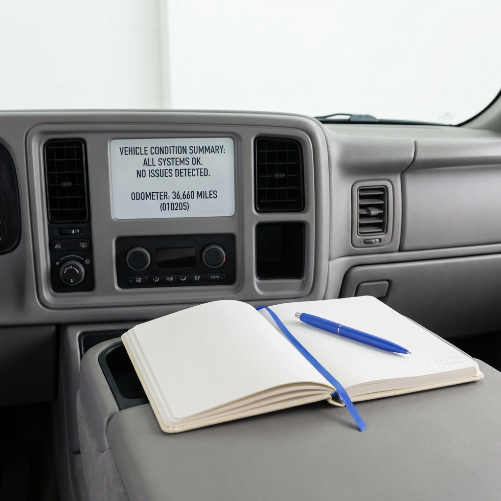 Close up of truck dashboard showing mileage and condition display with an open notebook and blue pen for notes ideal for kelley blue book trucks article