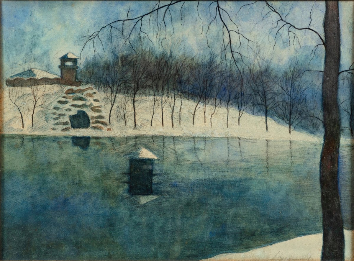 Le parc Léopold dOstende avec létang et le Trinkhall sous la neige 1915