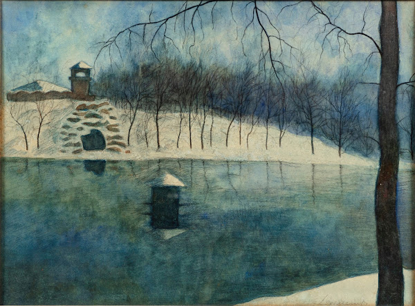 Le parc Léopold dOstende avec létang et le Trinkhall sous la neige 1915