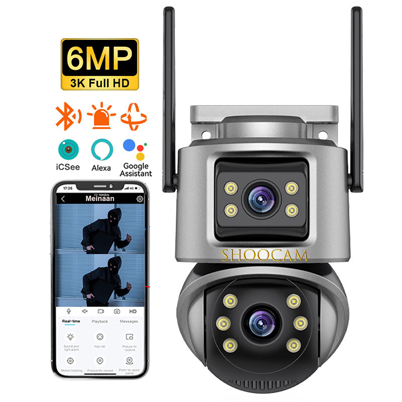 Color Night Smart Home CCTV Outdoor PTZ Camera ICSee 6MP WiFi Security Dual Lens Camara