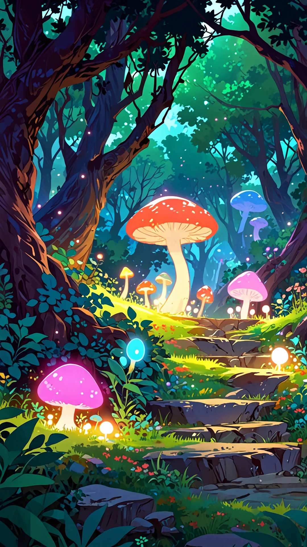 Enchanted Forest Path with Glowing Fungi and Stone Steps Art - Free 4K mobile Wallpaper