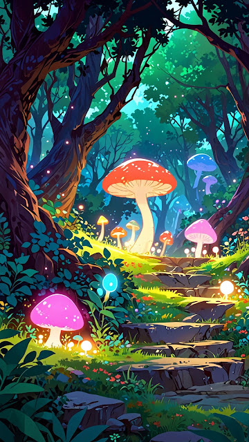 Enchanted Forest Path with Glowing Fungi and Stone Steps Art - Free mobile Wallpaper