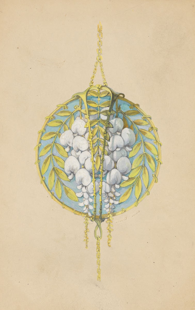 Ontwerp voor een hanger met bloemtakken van de witte wisteria van geëmailleerd g