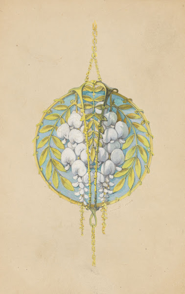 Ontwerp voor een hanger met bloemtakken van de witte wisteria van geëmailleerd g