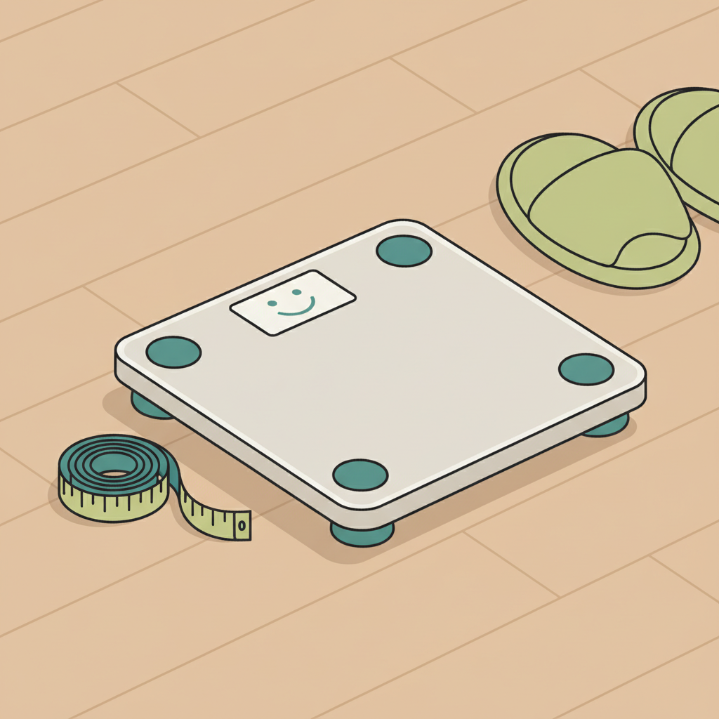 Nahaufnahme einer Vektor-Waage mit Smiley-Display, Maßband und gemütlichen Hausschuhen auf Holzboden, freundliche Szene zum Thema abnehmen mit nordic walking