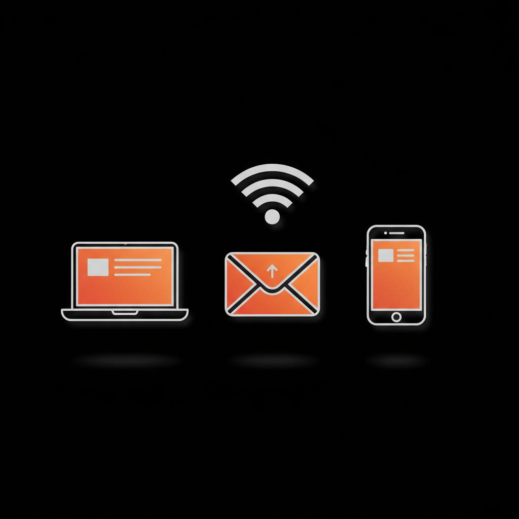 Minimal vector infographic of a laptop, mobile phone, Wi‑Fi symbol and email envelope on black background with subtle #dc5c2b and #dddddd accents, recover deleted gmail account