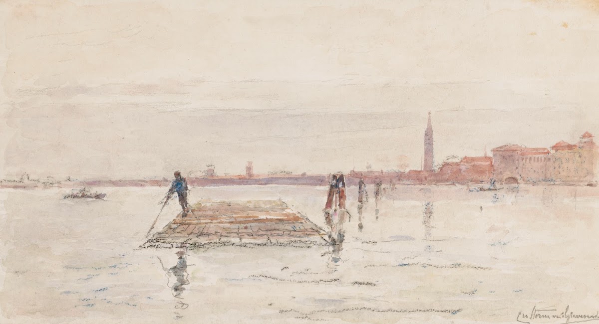 Gezicht op Venetië vanaf het water met op de voorgrond in het water een houten v