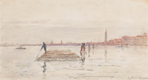 Gezicht op Venetië vanaf het water met op de voorgrond in het water een houten v