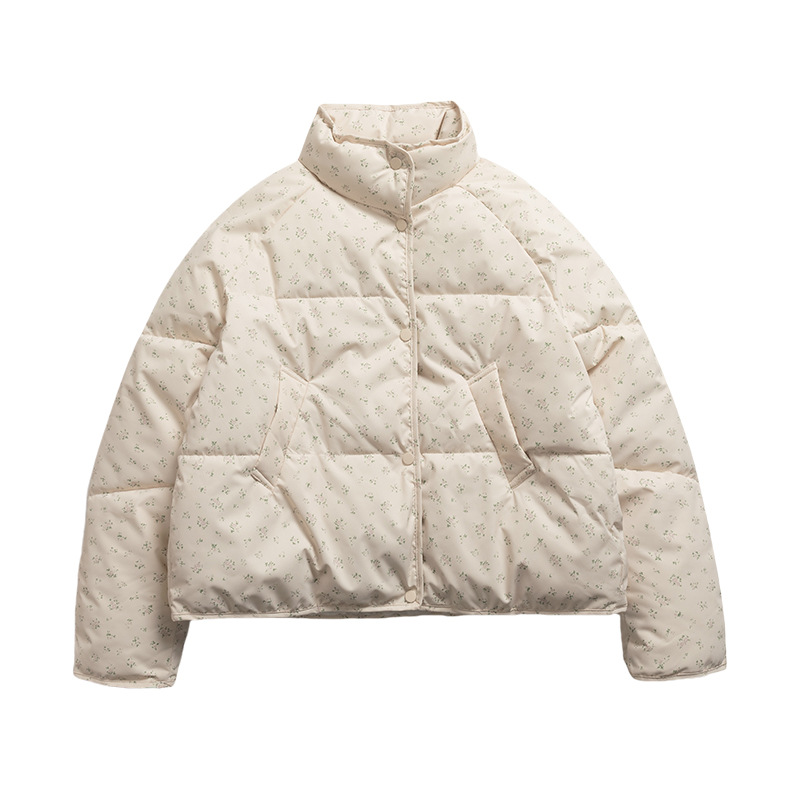 Short women's quilted jacket with stand collar and floral pattern