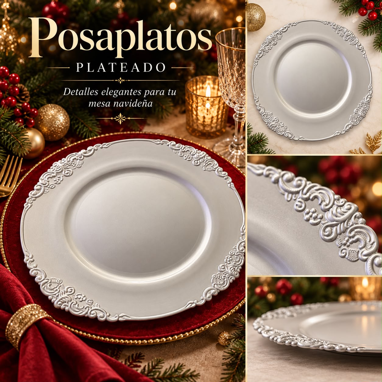 Posaplatos plateado con relieve de flores