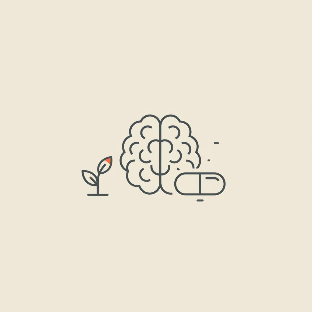 Minimalist Tonum-style line illustration of a brain outline with a capsule and a small plant on beige background representing early onset Alzheimer's and cognitive wellness.