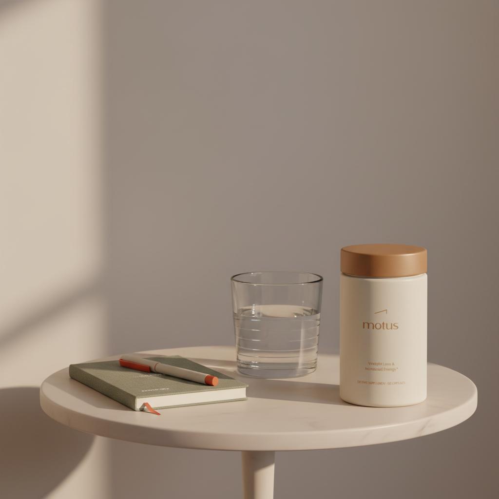 Minimal bedside table scene with Motus supplement bottle, glass of water, notebook and pen in soft morning light, illustrating what causes slow metabolism