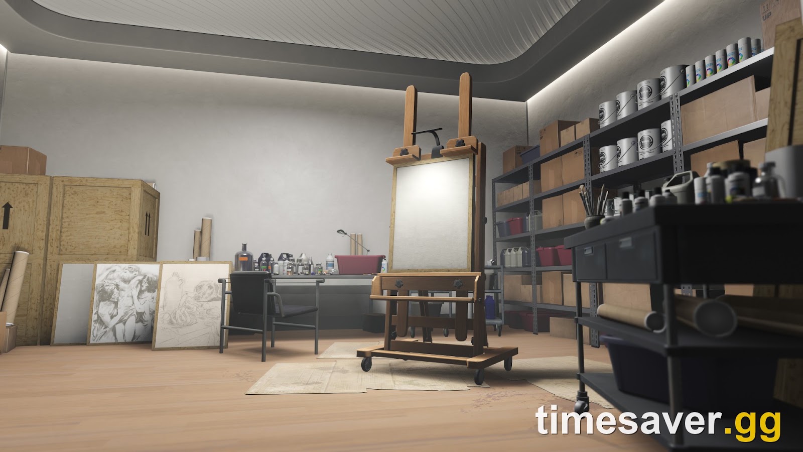Inside the GTA Online Art Studio mansion upgrade, the forger's easel and canvases used to plan the Kortz Center Heist