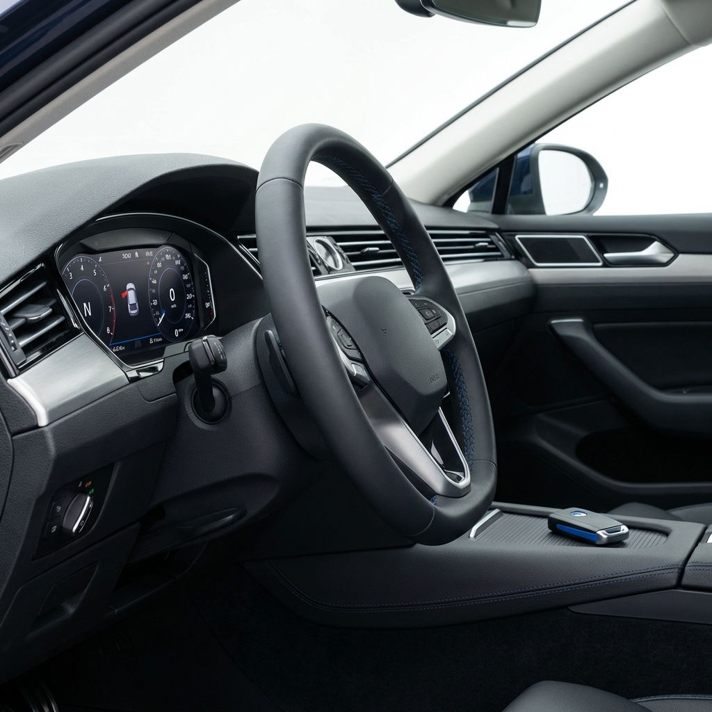 Close up photo of a car dashboard and steering wheel with lit instrument cluster neutral white background minimalist layout small 3666ed accents on key fob and stitched leather showing current market value of a car
