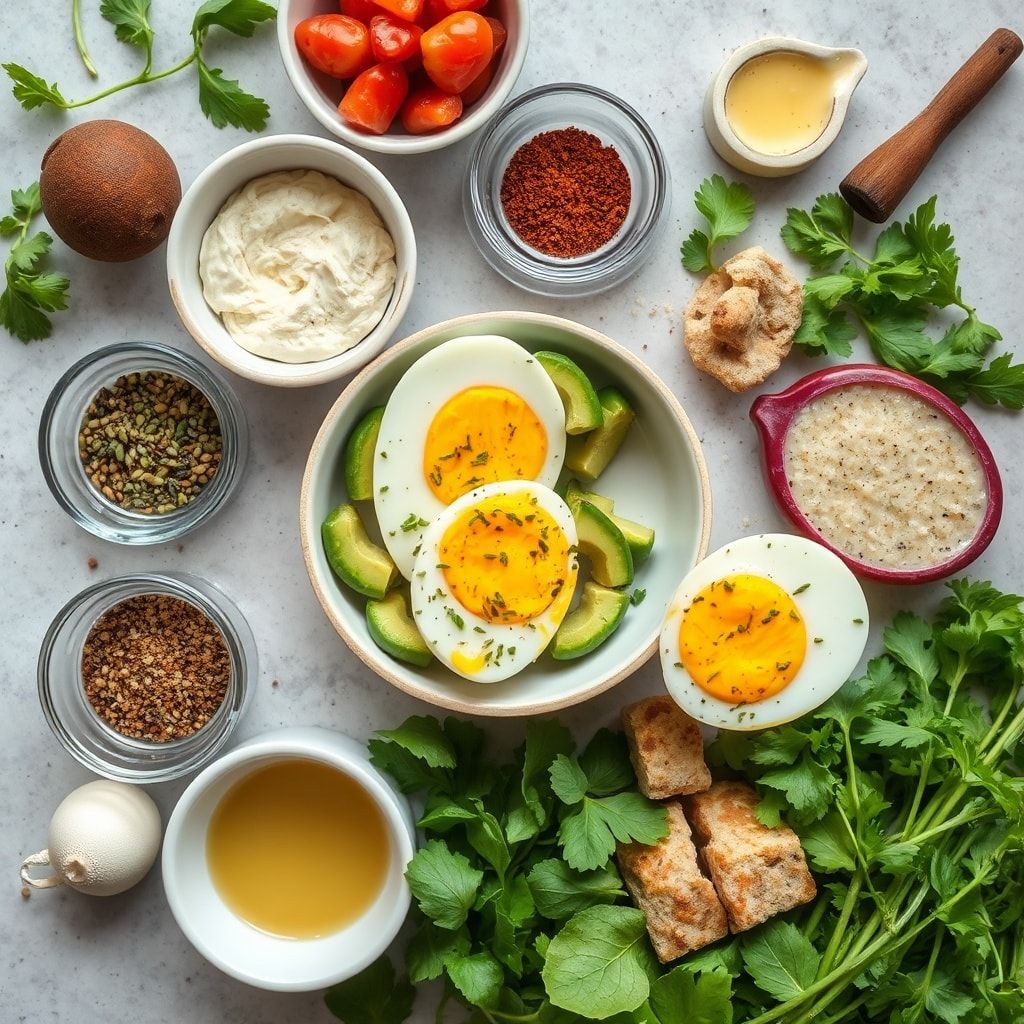 Ingredients for Mediterranean Avocado Egg Salad Recipe for Easy Healthy Lunch (15-Minute Meal-Prep!)