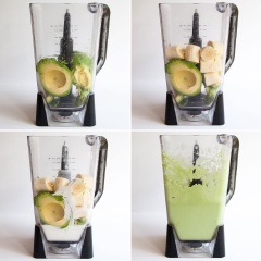 Cho bơ, chuối, 300ml nước cốt dừa và hỗn hợp vừa lọc vào máy xay sinh tố, xay đều cho đến khi hỗn hợp mịn.