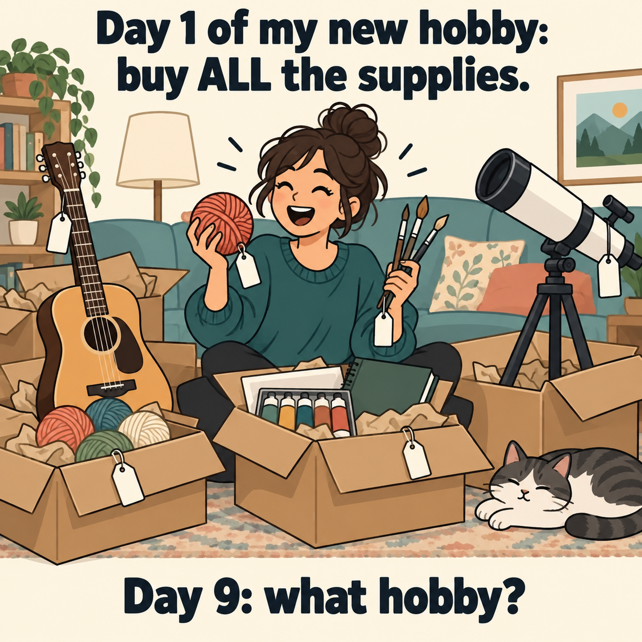 Cartoon of a person joyfully unboxing new hobby supplies like a guitar, yarn, and a telescope, captioned "Day 1 of my new hobby: buy ALL the supplies. Day 9: what hobby?"