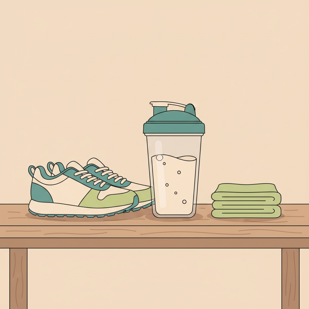 Nahaufnahme minimalistisches Trainingszubehör auf Holztisch: Turnschuhe, Proteinshaker und Handtuch in Vegardians-Farben, freundliche Stimmung, body attack