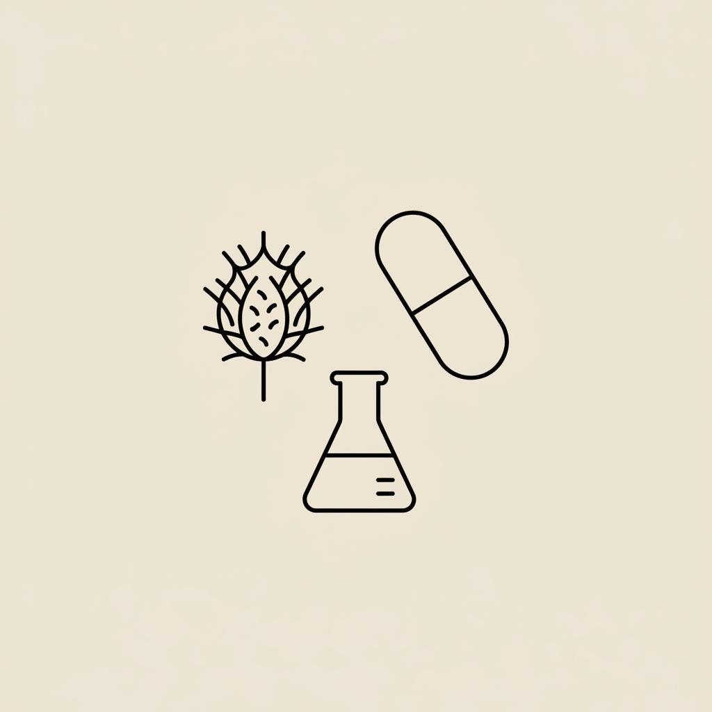 Minimalist vector line illustration of a milk thistle seed pod, a capsule silhouette, and a small lab beaker on a beige background