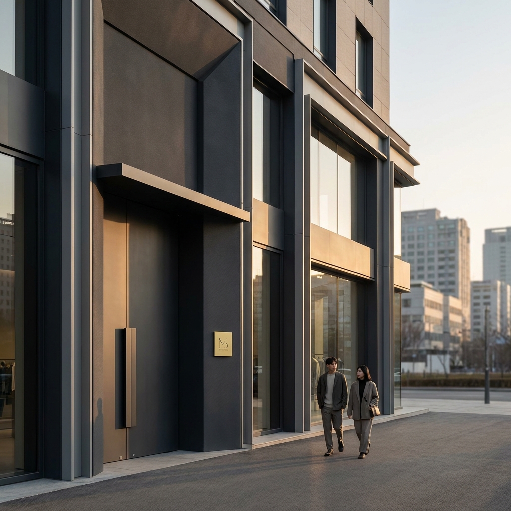 Minimalist exterior of diamond sports book flagship boutique on an upscale city street with subtle accent signage pedestrians and warm golden hour lighting in Funded Plays color palette