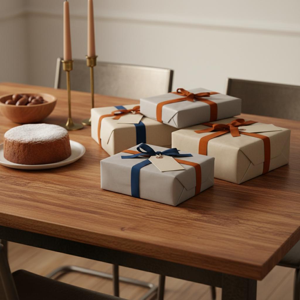 Nahaufnahme Esstisch mit sorgfältig verpackten Geschenken, einfachem Vanillekuchen und warmen Holz- sowie Metalldetails für 50. geburtstag frau