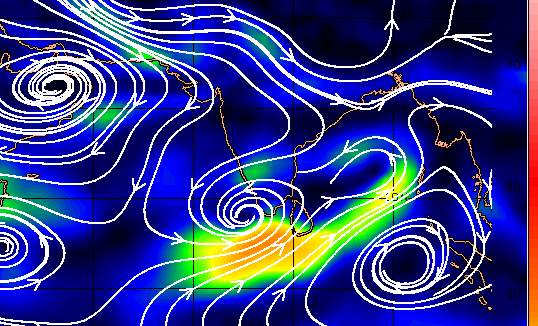 Wind streamline chart showing low pressure circulations over Bay of Bengal and Arabian Sea, 23 Oct 2026