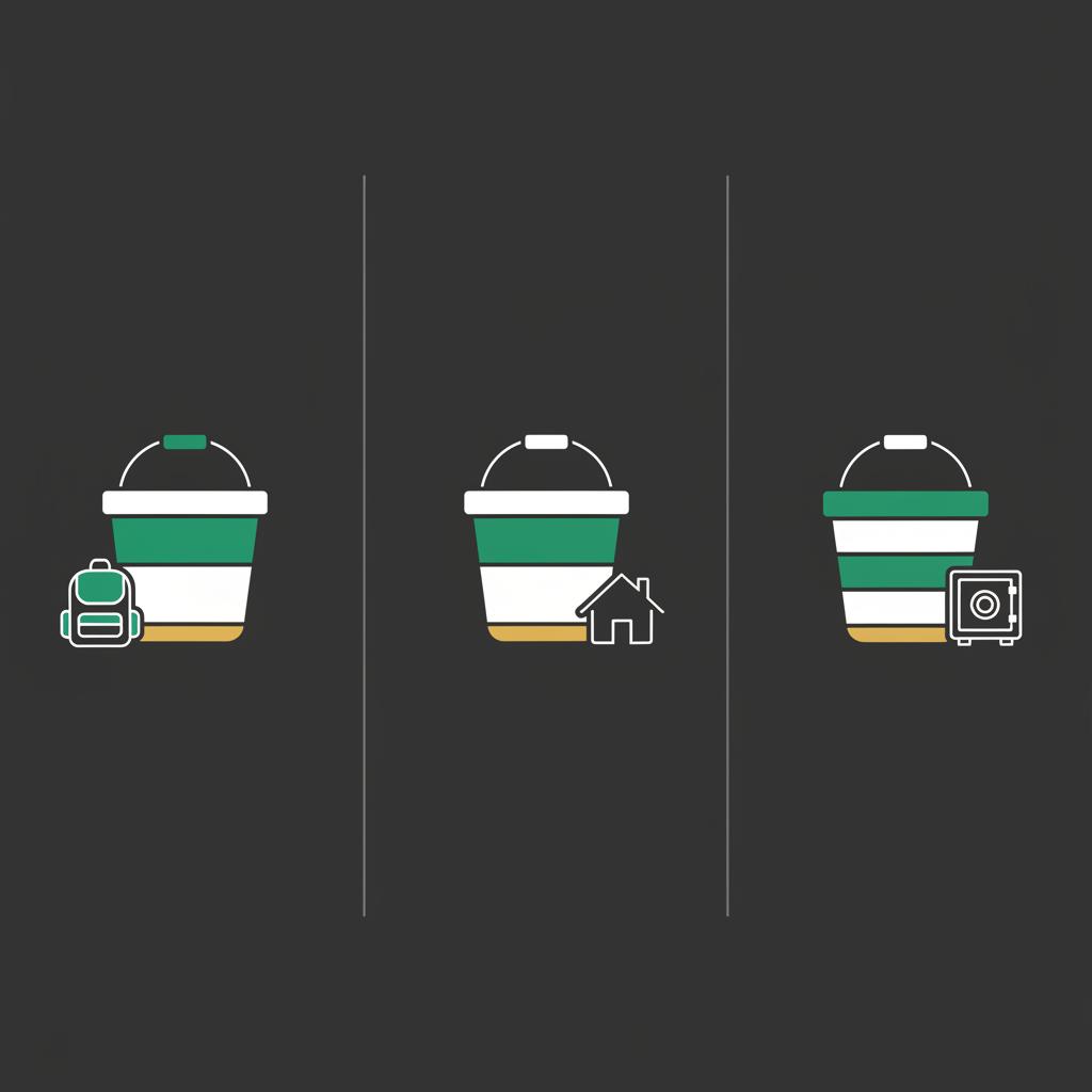Minimalist 2D vector three panel graphic showing bucket allocations with backpack house and safe icons representing wealth building strategies in brand colors