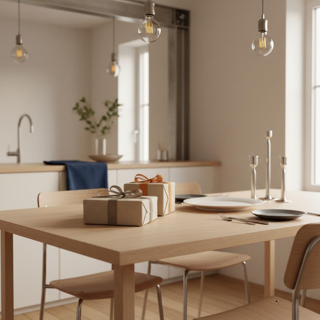 Was zur taufe mitnehmen: Intime Hausszene mit Esstisch, Geschenken und einfachem Vanillekuchen, warme Metallakzente und subtile Steelmonks-Farben