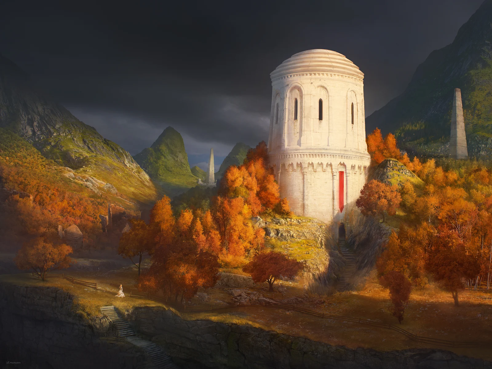 White Monument In Autumn Hills - Digital Matte Painting 4K Wallpaper (3840x2880)