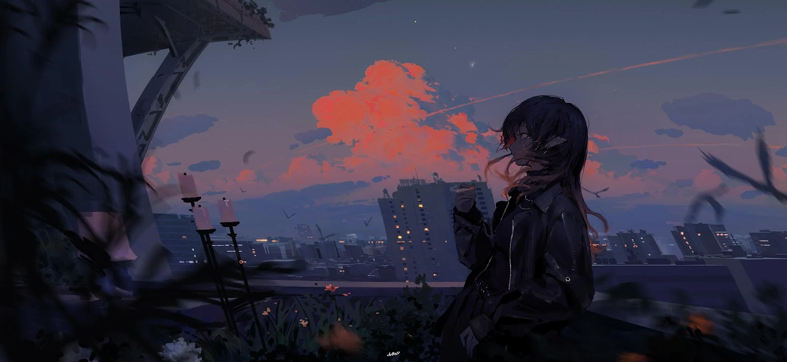 Anime Girl On Rooftop Sunset - Anime Digital Art 10K Wallpaper (10344x4760)