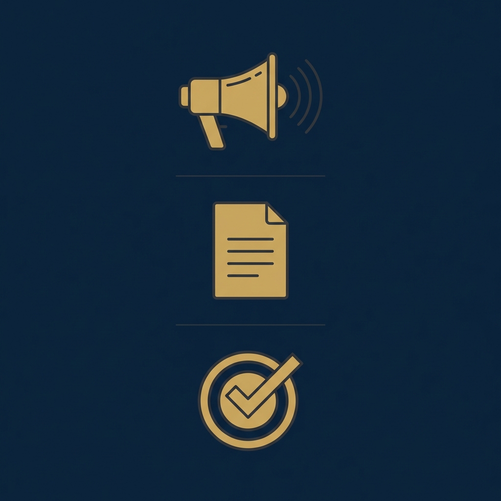 Minimal 2D vector infographic with three stacked icons representing headline context and payoff for writing a hook on deep blue background