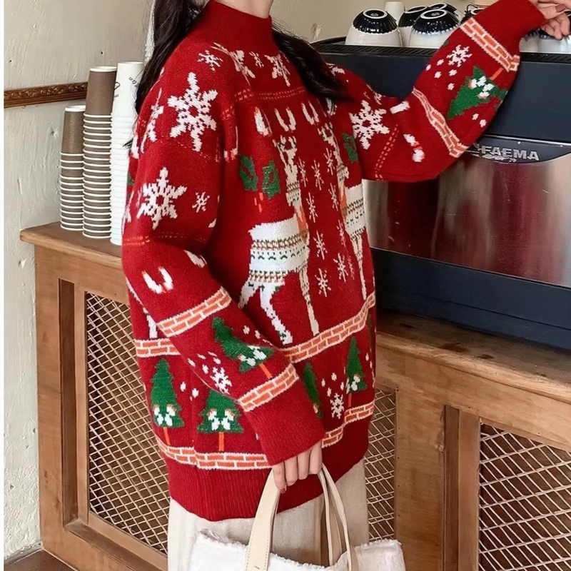 Women's knitted sweater with reindeer embroidery