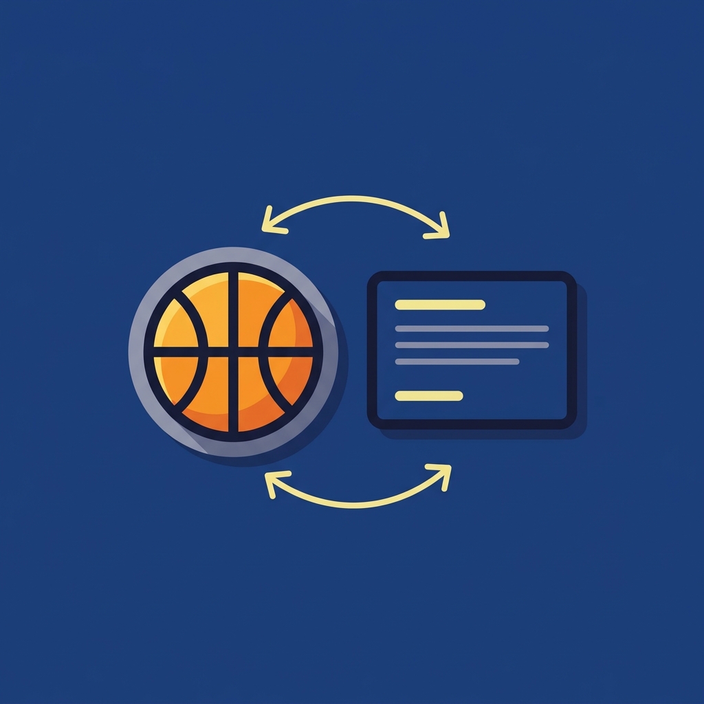 Minimalist 2D vector of a basketball and draft pick slip exchanging with curved arrows on dark Funded Plays style background boston celtics prediction