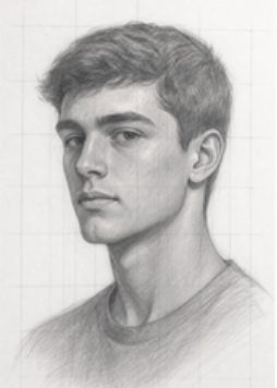 A graphite portrait study of a young man drawn over light proportion grid lines