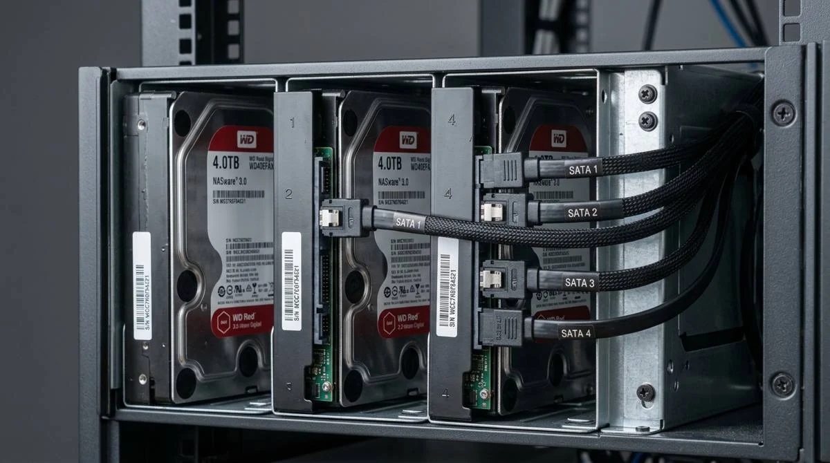 Hard drive 3.5 inch terpasang di bay NAS dengan kabel SATA