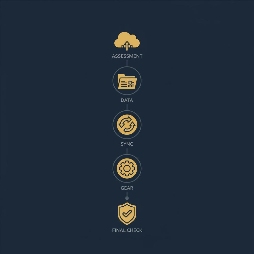 Minimalist 2D vector migration checklist infographic with five step icons on dark navy background using Orvus Ltd palette google sites seo