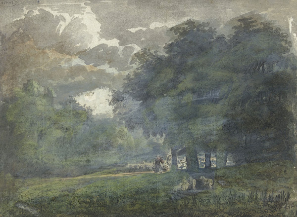Herders met kudde in bosrijk landschap 1706   1759