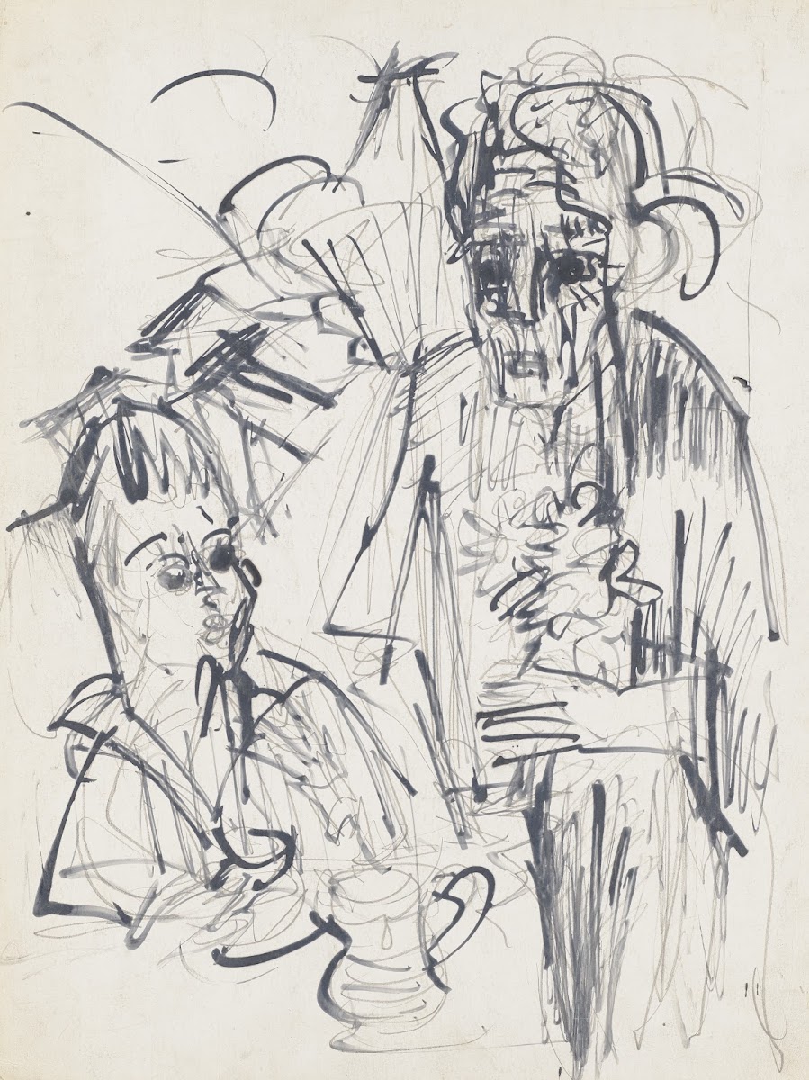 Alte Frau mit Jungen am Kaffeetisch ca 1917