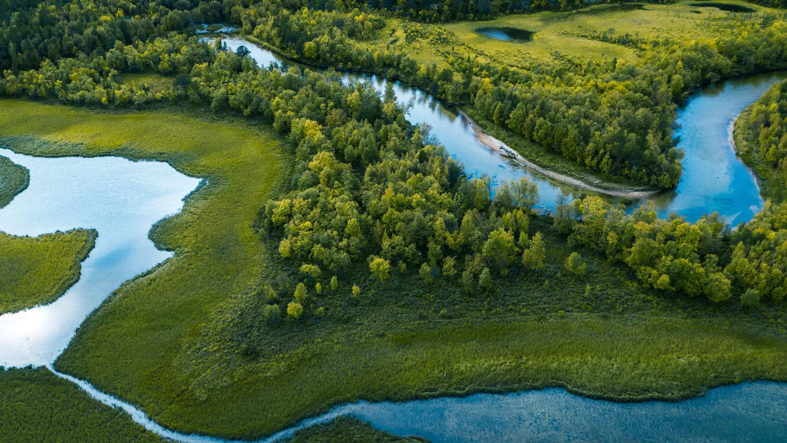 Winding River Through Green Forest - Aerial Nature Photography 4K Wallpaper (3840x2160)