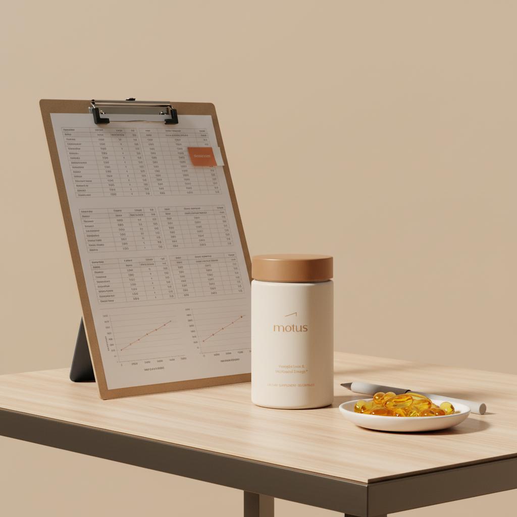 Matte Tonum supplement jar on a light wooden table beside a lab clipboard with trial data and a small dish of fish oil capsules — best supplement for mental health