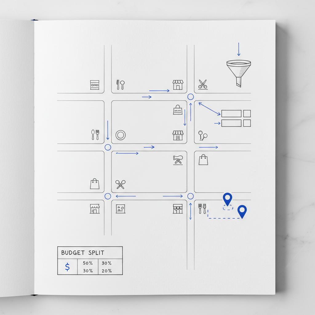 Notebook-style neighborhood map sketch showing restaurants, salons and shops with arrows and minimal diagrams for local marketing planning &mdash; Yelp for local businesses