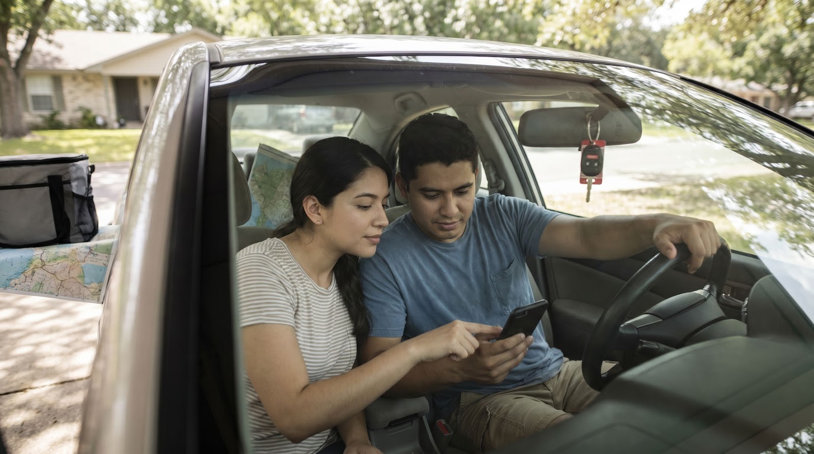Couple reviewing texas 4th of july travel car insurance coverage inside a parked car before a holiday trip in Texas