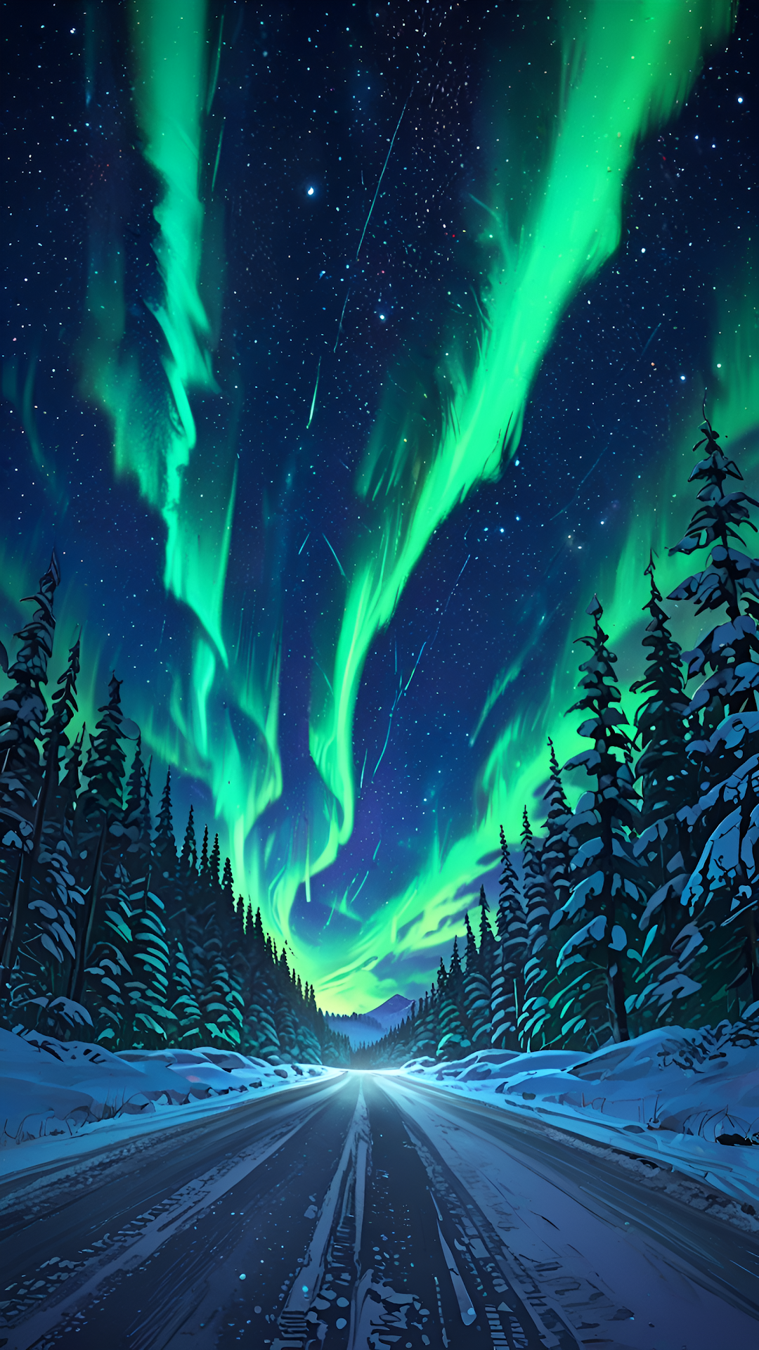 Vibrant Northern Lights Aurora Winter Road Landscape - Free 4K mobile Wallpaper