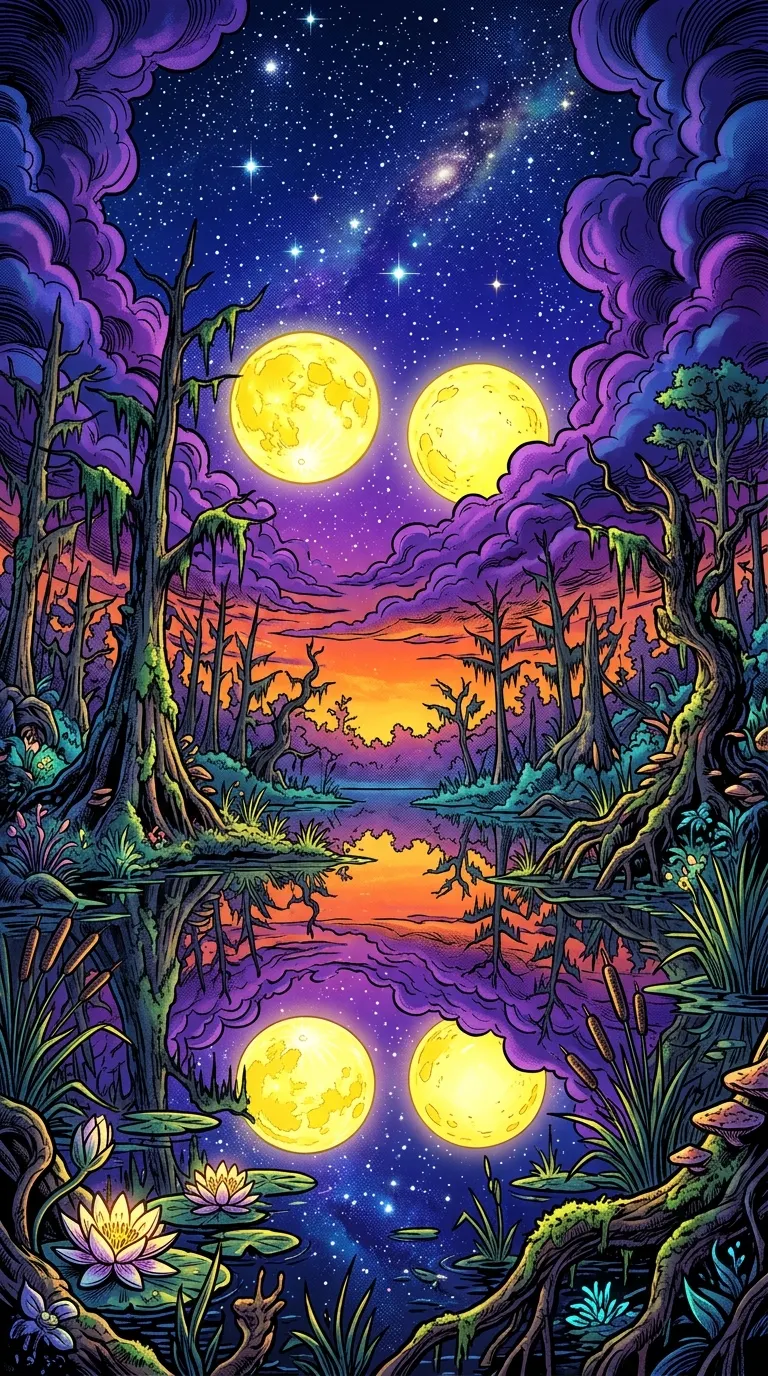 Colorful Swamp Landscape with Giant Moons and Reflections - Free 4K mobile Wallpaper