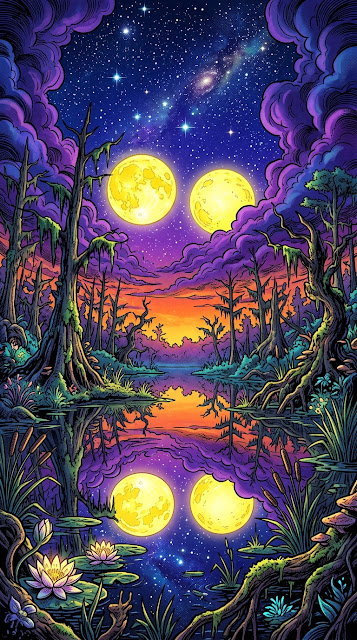 Colorful Swamp Landscape with Giant Moons and Reflections - Free mobile Wallpaper