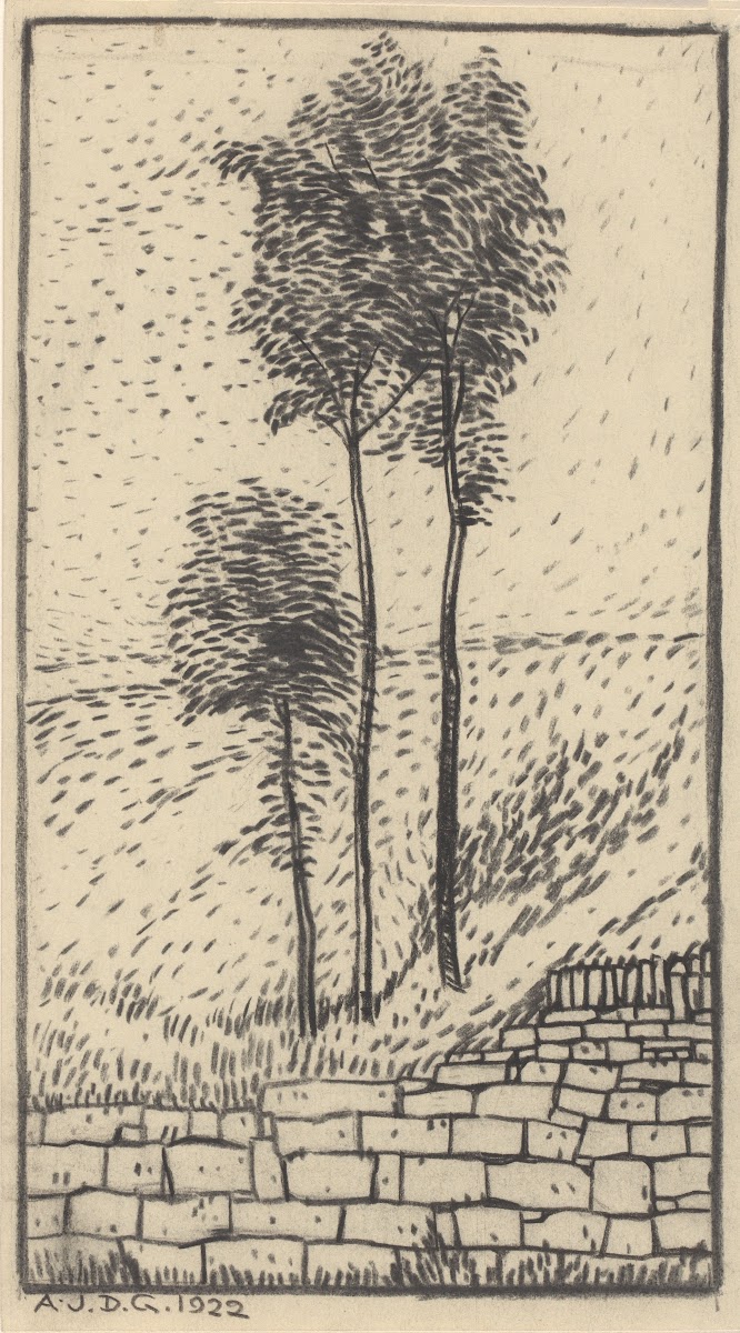 Three trees near a stone wall 1922